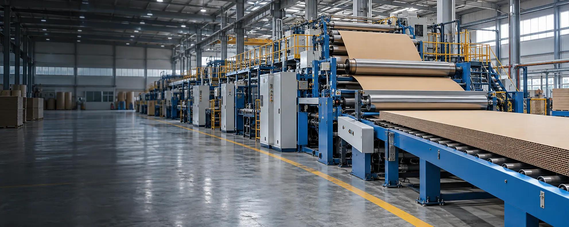 Corrugated board production line in an industrial workshop